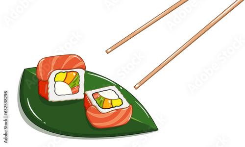 Sushi set with chopsticks, sushi with rice, nori leaves, avocado, mango, red salmon fish, on a green leaf