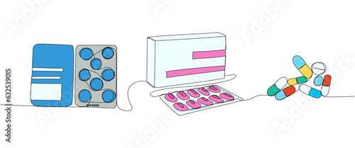 Tablets set, capsules, packaged medicines, herbal, medicine one line color art. Continuous line drawing of treatment, medication, medical, pharmacy, therapy, allergy