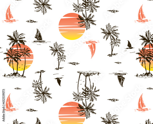 Deserted palm island and sailboats at sunset