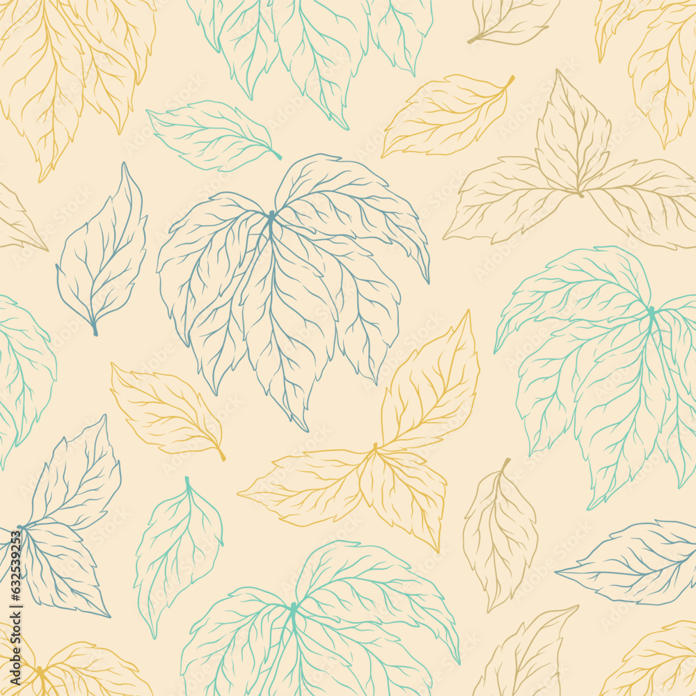 Seamless pattern of silhouette leaves and branches. Decorative outline collection of plants. Hand drawn botanical vector illustration for greeting card, invitation, wallpaper, wrapping paper, fabric
