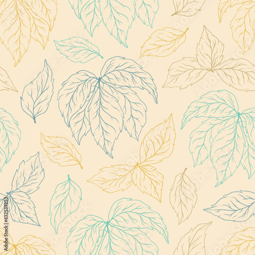 Seamless pattern of silhouette leaves and branches. Decorative outline collection of plants. Hand drawn botanical vector illustration for greeting card, invitation, wallpaper, wrapping paper, fabric