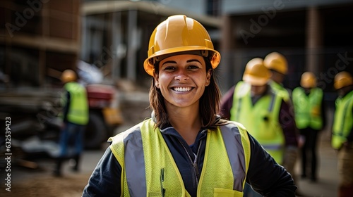 Photo Captured on the work site, a female construction worker dons PPE and wears a bri