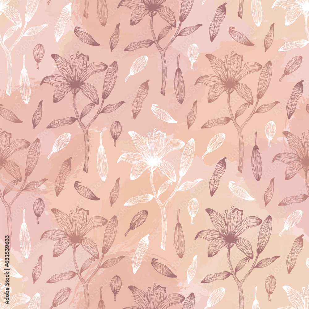 Seamless pattern of silhouette lily flower, leaves, branches, brush shapes. Decorative floral outline plant, grunge texture. Hand drawn vector illustration for wallpaper, wrapping paper, fabric Seamless pattern of silhouette lily flower, leaves, branches, brush shapes. Decorative floral outline plant, grunge texture. Hand drawn vector illustration for wallpaper, wrapping paper, fabric