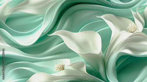 Liquid Lily background. Green and white minimalist banner with liquid flower. Trendy digital pastel style.