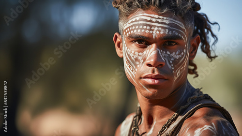 Portrait of young male from the Aboriginal culture in Australia. Man face adorned with traditional paints against the backdrop of the vast Outback.