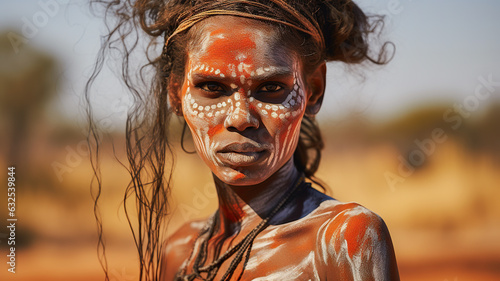 Portrait of young female from the Aboriginal culture in Australia. Woman face adorned with traditional paints against the backdrop of the vast Outback. photo