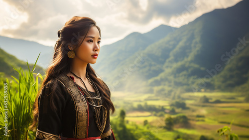 Portrait of woman the Hmong community in Laos. Woman in intricate traditional clothing contrasting with the verdant mountainous landscape. photo