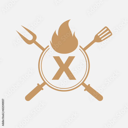 Letter X Restaurant Logo with Grill Fork and Spatula Icon. Hot Grill Symbol