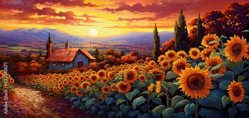 painting style illustration, sunflower field with sunset sky scenery, calm and peaceful, Generative Ai