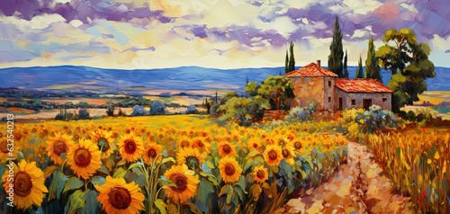 painting style illustration  sunflower field with sunset sky scenery  calm and peaceful  Generative Ai
