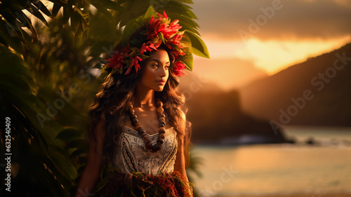 Portrait of woman on Hawaiian culture. Female in traditional tapa cloth and lei set against the backdrop of a tropical paradise