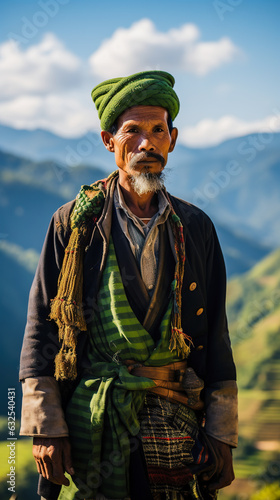Portrait of man the Hmong community in Laos. Male in intricate traditional clothing contrasting with the verdant mountainous landscape.
