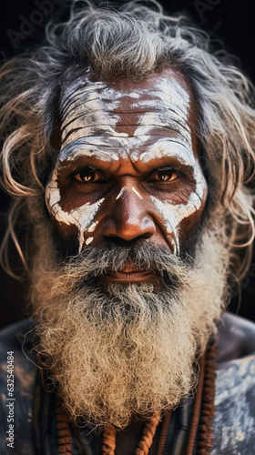 Portrait of adult male from the Aboriginal culture in Australia. Man face adorned with traditional paints against the backdrop of the vast Outback. photo