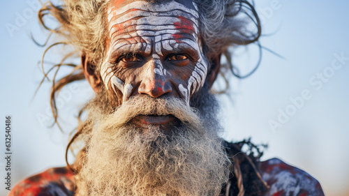 Portrait of adult male from the Aboriginal culture in Australia. Man face adorned with traditional paints against the backdrop of the vast Outback. photo