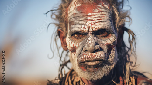 Portrait of adult male from the Aboriginal culture in Australia. Man face adorned with traditional paints against the backdrop of the vast Outback.