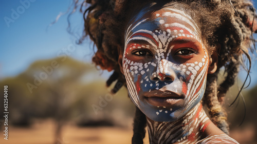Portrait of young female from the Aboriginal culture in Australia. Woman face adorned with traditional paints against the backdrop of the vast Outback. photo