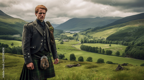 Portrait of a Scottish Highlander, clad in a traditional kilt and standing tall amidst rolling green hills photo