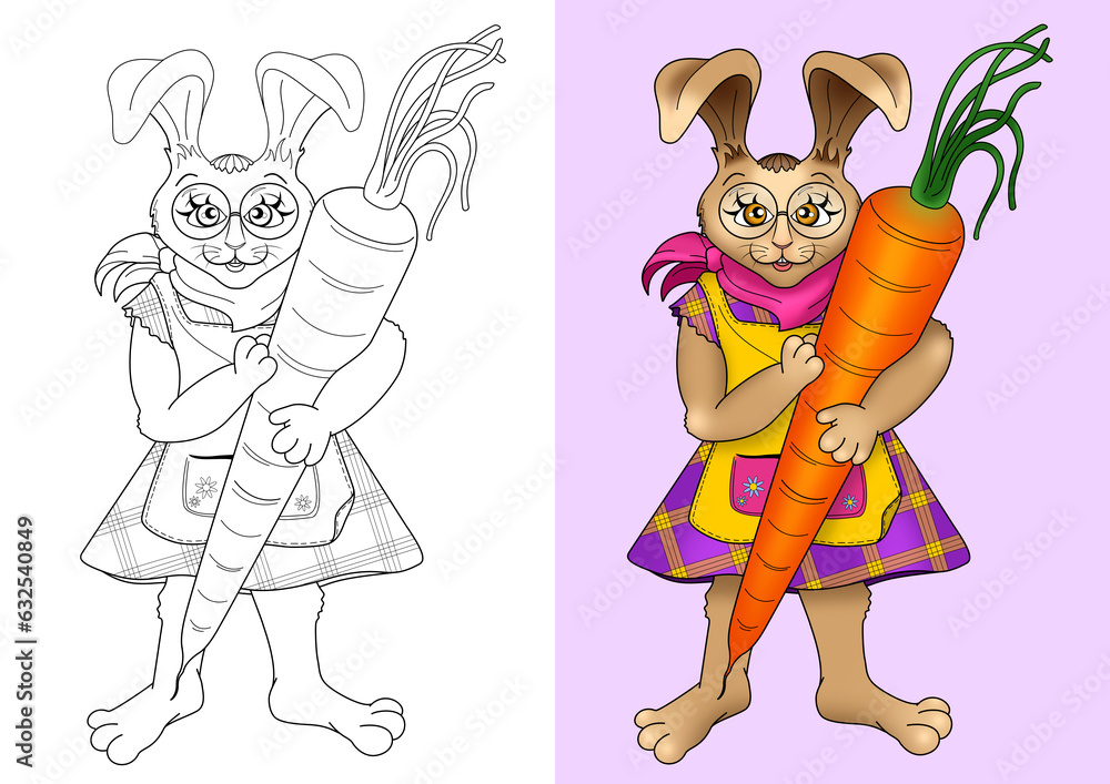  Hase mit Karotte, Vorlage zum Ausmalen, schwarzweiß und bunt Stock Motiv 
