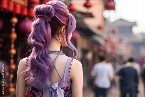 purple hair pretty woman walking on bustling city market street  Generative Ai