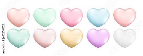 Hand drawn set of realistic 3d hearts. Decorative spring romantic icon love symbol. Valentines day collection of colorful hearts. Abstract vector illustration isolated on a white background