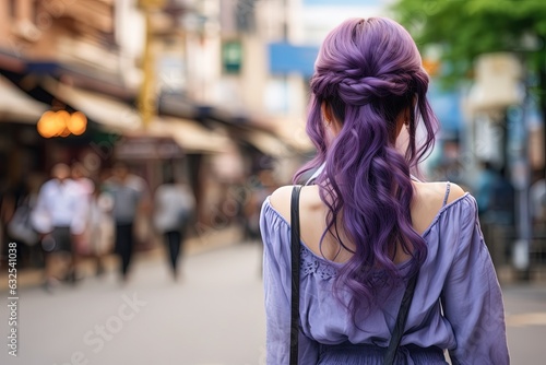 purple hair pretty woman walking on bustling city market street, Generative Ai