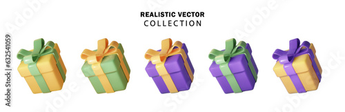 Gift boxes set in Halloween colors. Realistic PNG, vector 3d glossy boxes with highlights isolated on white background. Vector illustration
