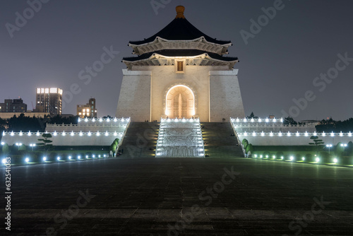 National Chiang Kai-shek Memorial Hall in Taipei, Taiwan at night. Translation: National Chiang Kai-shek Memorial.