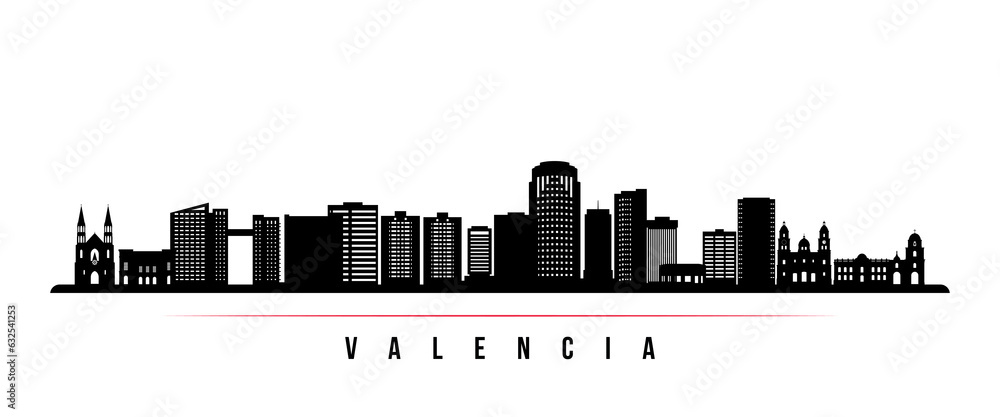 Valencia skyline horizontal banner. Black and white silhouette of Valencia, Venezuela. Vector template for your design.