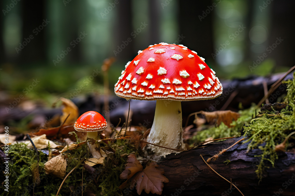 Red Fly Agarics Among Moss in Forest Red Fly Agarics Among Moss in Forest