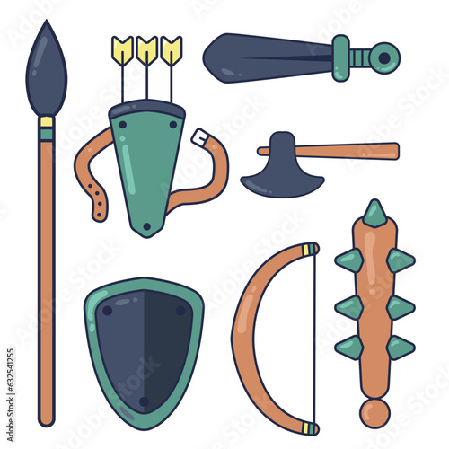 Game weapon icon flat set. Weapons, shields, magic, scrolls.