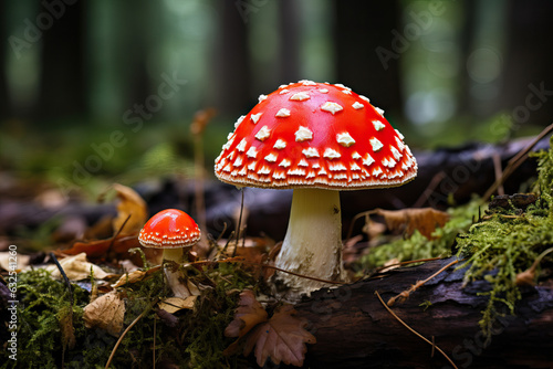 Red Fly Agarics Among Moss in Forest
