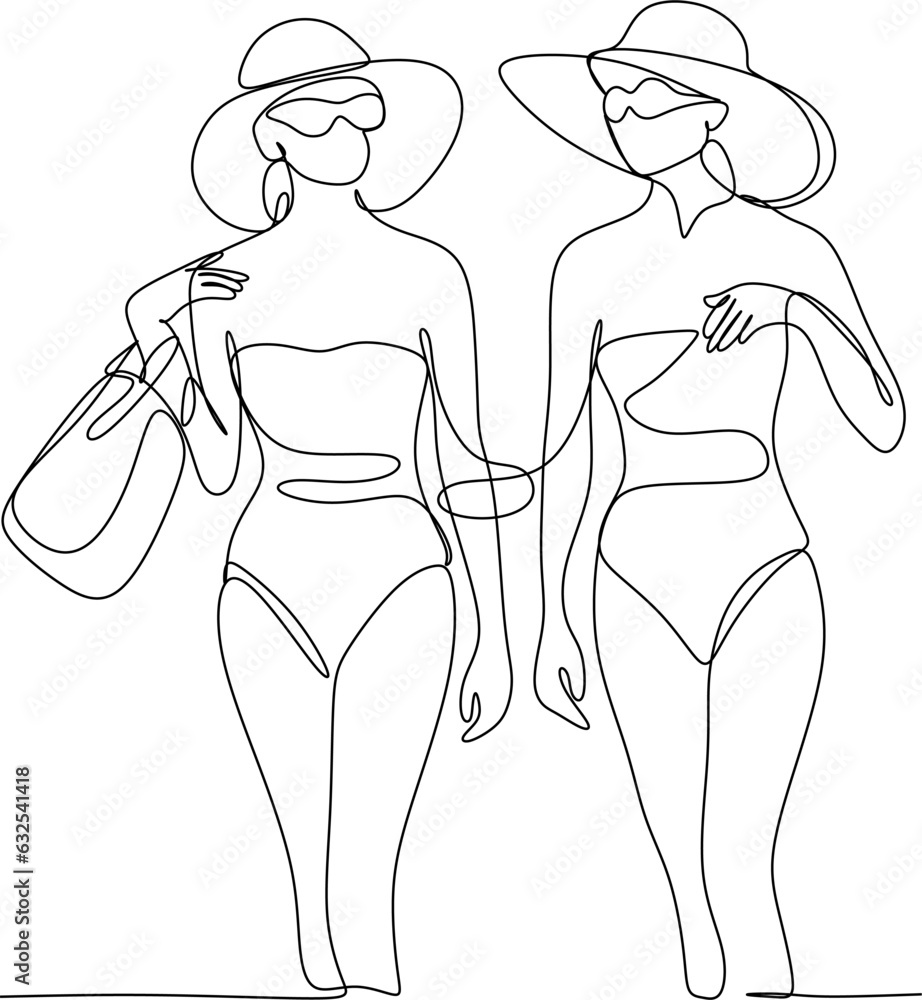 Vector outline black and white illustration of a female body in a swimsuit. One line drawing on a white background. Use it for card design, poster, banner, social media post, fashion print, beauty sal Vector outline black and white illustration of a female body in a swimsuit. One line drawing on a white background. Use it for card design, poster, banner, social media post, fashion print, beauty sal