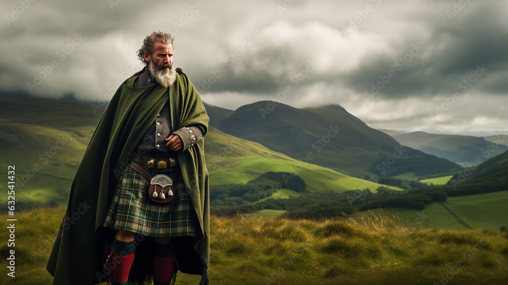 Portrait of a Scottish Highlander, clad in a traditional kilt and standing tall amidst rolling green hills - obrazy, fototapety, plakaty 
