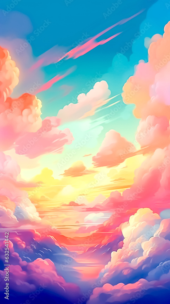 Watercolor illustration of blue sky and clouds at sunset , generative AI.