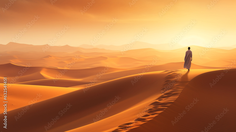 woman in traditional Emirati dress walking in a desert in strong wind and sunset.