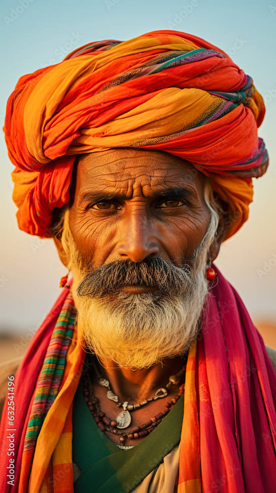 Portrait of a Rajasthani man in India. Man wearing turban and colorful cloth attire standing out against the sandy hues of the Thar desert