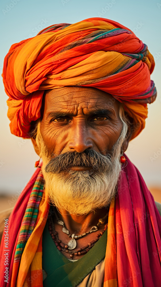 Portrait of a Rajasthani man in India. Man wearing turban and colorful cloth attire standing out against the sandy hues of the Thar desert Portrait of a Rajasthani man in India. Man wearing turban and colorful cloth attire standing out against the sandy hues of the Thar desert