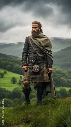 Portrait of a Scottish Highlander, clad in a traditional kilt and standing tall amidst rolling green hills photo