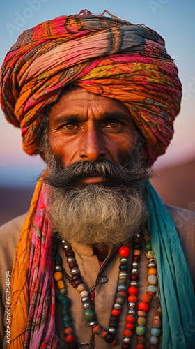 Portrait of a Rajasthani man in India. Man wearing turban and colorful cloth attire standing out against the sandy hues of the Thar desert