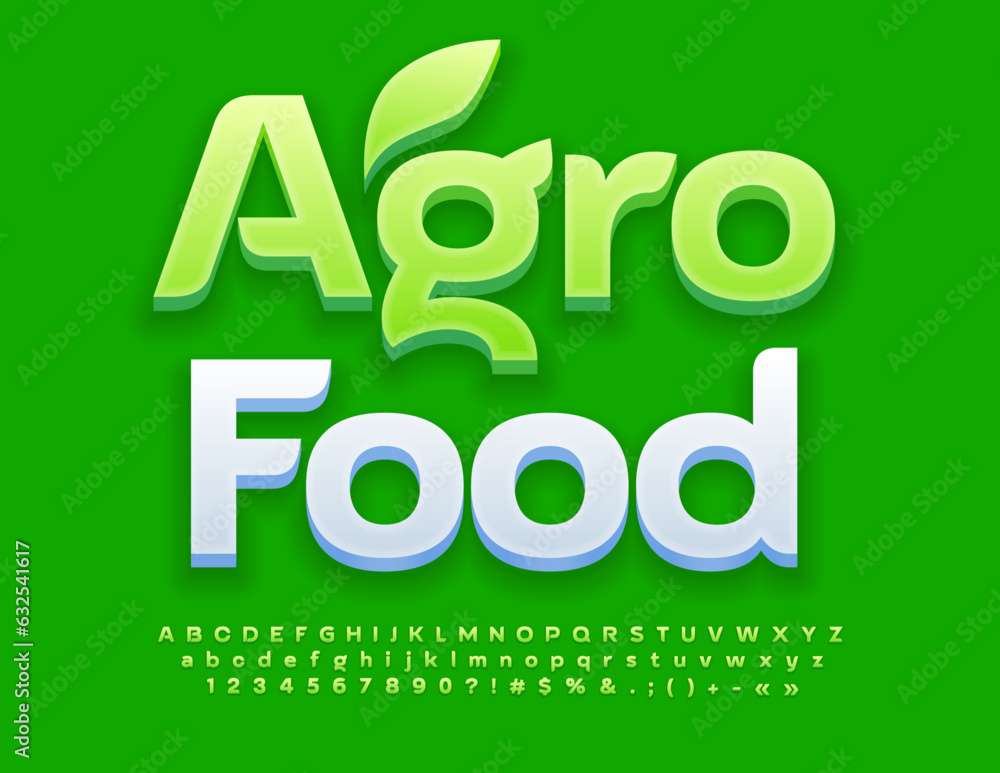 Vector eco sign Agro Food. Elegant Green Font. Artistic Alphabet Letters, Numbers and Symbols Vector eco sign Agro Food. Elegant Green Font. Artistic Alphabet Letters, Numbers and Symbols