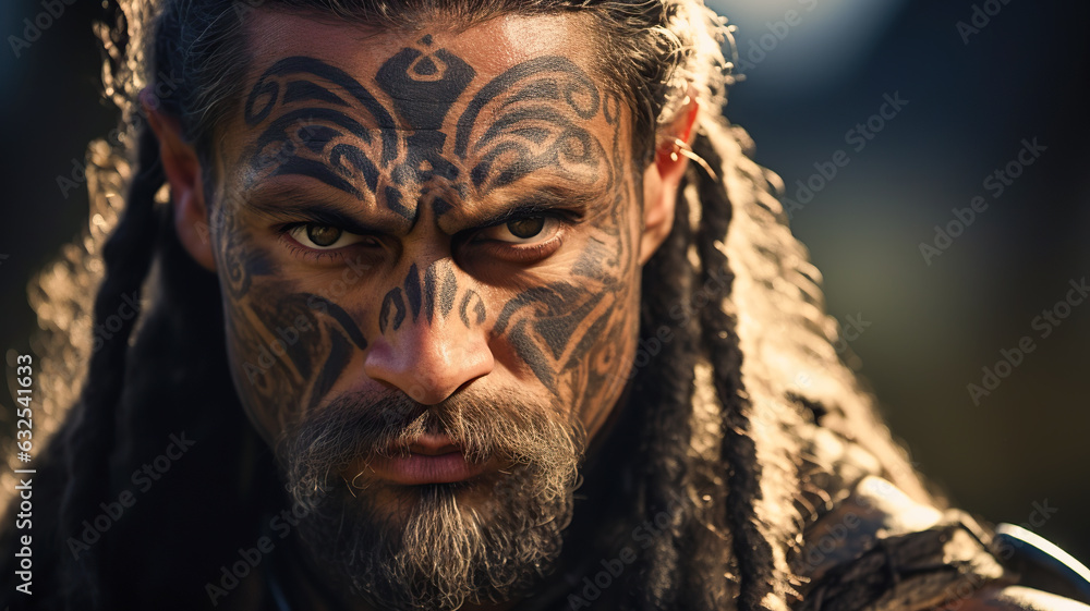 Portrait of a Maori warrior in New Zealand with tattoos striking on face