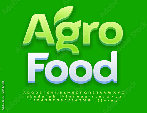 Vector eco sign Agro Food. Elegant Green Font. Artistic Alphabet Letters, Numbers and Symbols