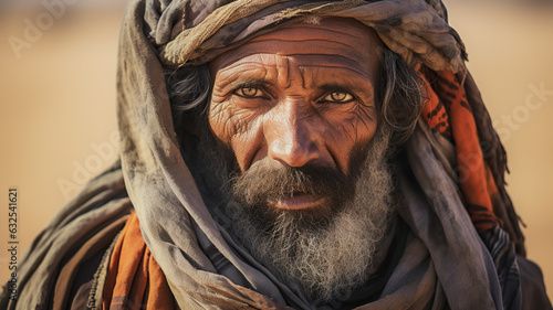 Portrait of a nomadic Bedouin in the Sahara Desert. Man have weathered face