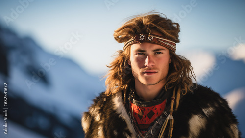 Portrait of male from the Sami culture in Scandinavia. Man in colorful traditional gakti contrasting with the snowy backdrop of a fjord.