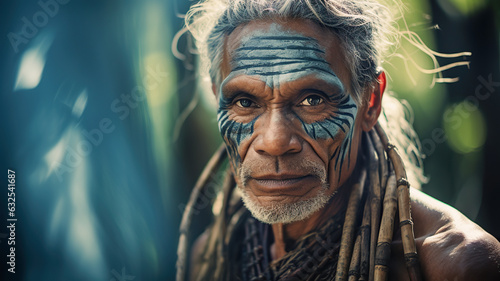 Portrait of a male from the Yap culture in Micronesia. Man in traditional thuwa loincloth made from hibiscus fibers, contrasting with the turquoise lagoon.