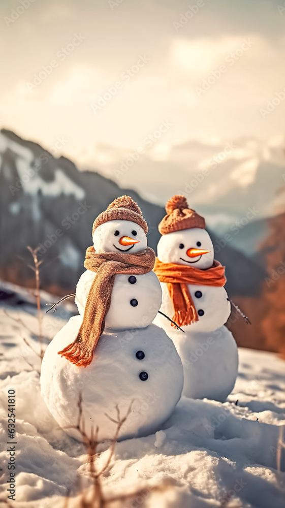 Obraz premium Cheerful snowmans in the winter mountains, generative AI.