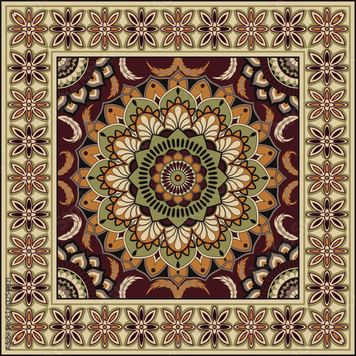 Ethnic square rug with flower mandala in warm tones. Indian, aztec, mexican motives.Bandana print.