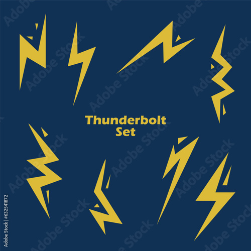 Bolt lightning set. Thunderbolt  lightning strike. Modern flat style vector illustration. Thunder and Bolt Lighting Flash Icon Set. Flat Style on Dark Background. Vector.