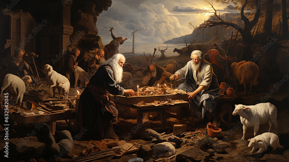 An artistic depiction of Noah building the ark, animals in the background Generative AI