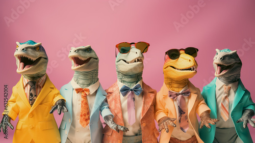 Dinosaur in a group, vibrant bright fashionable outfits isolated on solid background advertisement. Birthday party invite invitation banner